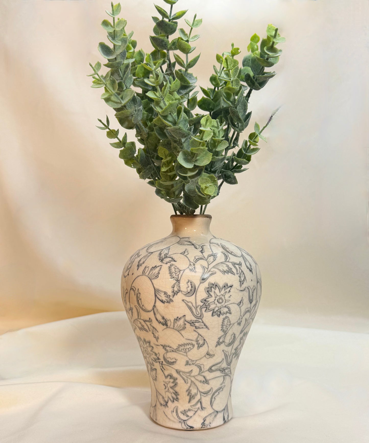 Grayish Blue Ivory Floral Vase